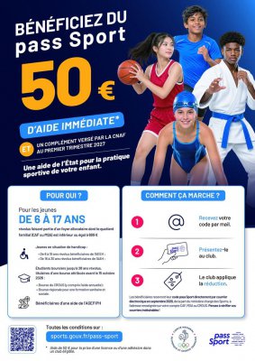 𝗣𝗿𝗼𝗳𝗶𝘁𝗲𝘇 𝗱𝘂 𝗣𝗮𝘀𝘀 𝗦𝗽𝗼𝗿𝘁 ! Profitez d’une aide de 50 € pour pratiquer l’activité physique ou sportive (...)