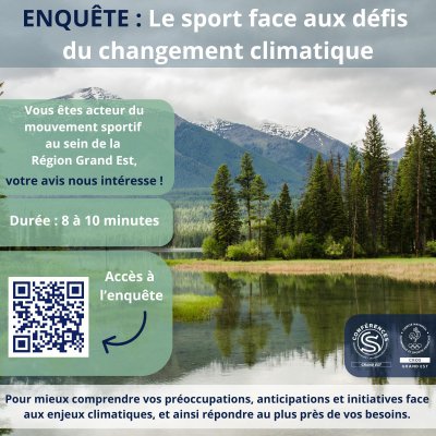 🌱 Le climat change, et le sport aussi doit s’adapter.

Le CROS Grand Est, pour le compte de la Conférence Régionale du Sport Grand Est,  lance une grande enquête auprès des clubs, comités et structures sportives de la région pour mieux comprendre vos besoins face aux enjeux climatiques.

💬 Votre participation est essentielle pour construire ensemble des outils et des formations adaptées à la réalité du terrain !

⏱️ 8 à 10 minutes suffisent pour répondre ➡️ https://fr.surveymonkey.com/r/33VMWWM
🗓️ Jusqu’au 31 août 2025

Merci de diffuser largement autour de vous ! 😉

Cdos Marne | CDOS de Meurthe et Moselle | CDOS 68 | Comité Olympique et Sportif Ardennes | CDOS 57 | Comité Départemental Olympique et Sportif de la Meuse | CDOS 88 | CDOS 67 | Coralie Larue | France Olympique | Région Grand Est 

#enquete #climat #transition #sports #clubs #enjeux #diagnostic #changementclimatique #grandest