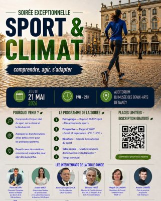 🏃🌍 Et si le sport devait lui aussi s’adapter au défi climatique ?
Canicules, manque de neige, déplacements, infrastructures… le dérèglement climatique transforme déjà nos pratiques sportives.
📅 Le 21 mai à #Nancy, les @shifters_nancy_lorraine et la @villedenancy réunissent experts, fédérations et acteurs du sport pour imaginer ensemble le sport de demain.
🕖 19h - 21h
📍 Auditorium du Musée des Beaux-Arts | Nancy
🎤 Table ronde, prospective climatique, solutions concrètes et temps d’échange convivial, avec notamment l’intervention de Jean-Christophe Cour, vice-président du CROS Grand Est.
🎟️ Inscription gratuite | places limitées
➡️ Réservez votre place !
👉https://sportgrandest.eu/fr/agenda/nancy-se-mobilise-pour-un-sport-a-la-hauteur-du-defi-climatique_-d.html
#Nancy #sportdurable #climat #transitionecologique #sport #SHIFTProject #theshifters #grandest