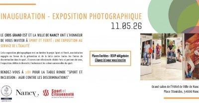 📷✨ Et si le sport était un espace pour toutes et tous ?

Le 11 mai, venez découvrir « Sport et Fierté », une exposition photographique forte et engagée, organisée par le @cros_grand_est & la @villedenancy .

📍 Grand salon de l'Hôtel de Ville — Place Stanislas, Nancy
⏰ 18h : table ronde « Sport et Inclusion : Agir contre les discriminations »

Places limitées 👉 Lien pour vous inscrire : https://docs.google.com/forms/d/e/1FAIpQLSeNlNOvnNExfgE5BMEQGdQLxvg4WHToId74QeNKuuh61Q6Apw/viewform

#sportetfierté  #inclusion  #Sport #nancy  #expophoto  #egalité  #antidiscrimination  #sportpourtous  #fierté  #grandest  #crosgrandest  #sportcitoyen  #vivrensemble  #placesanislas 

@franceolympique | @oudeacastera_officiel | @laregiongrandest | @sportandcitizen | @sports.gouv